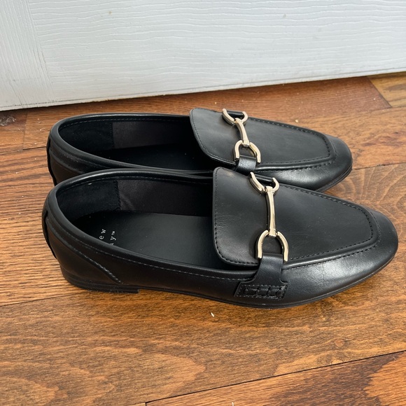 a new day Shoes - Black Leather Loafers with Gold Horse-bit Hardware
